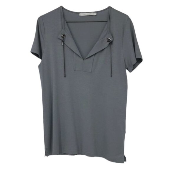 Lauren Vidal blue grey short sleeve viscose Chained  V-neck blouse Med - Picture 1 of 14